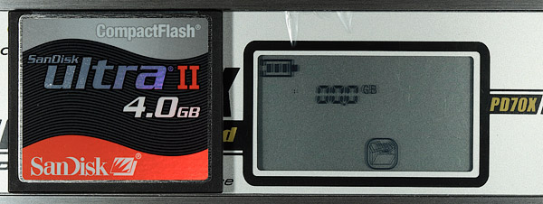 PD70X screen next to a Compact Flash card