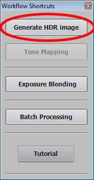 Workflow shortcuts palette, click Generate HDR image